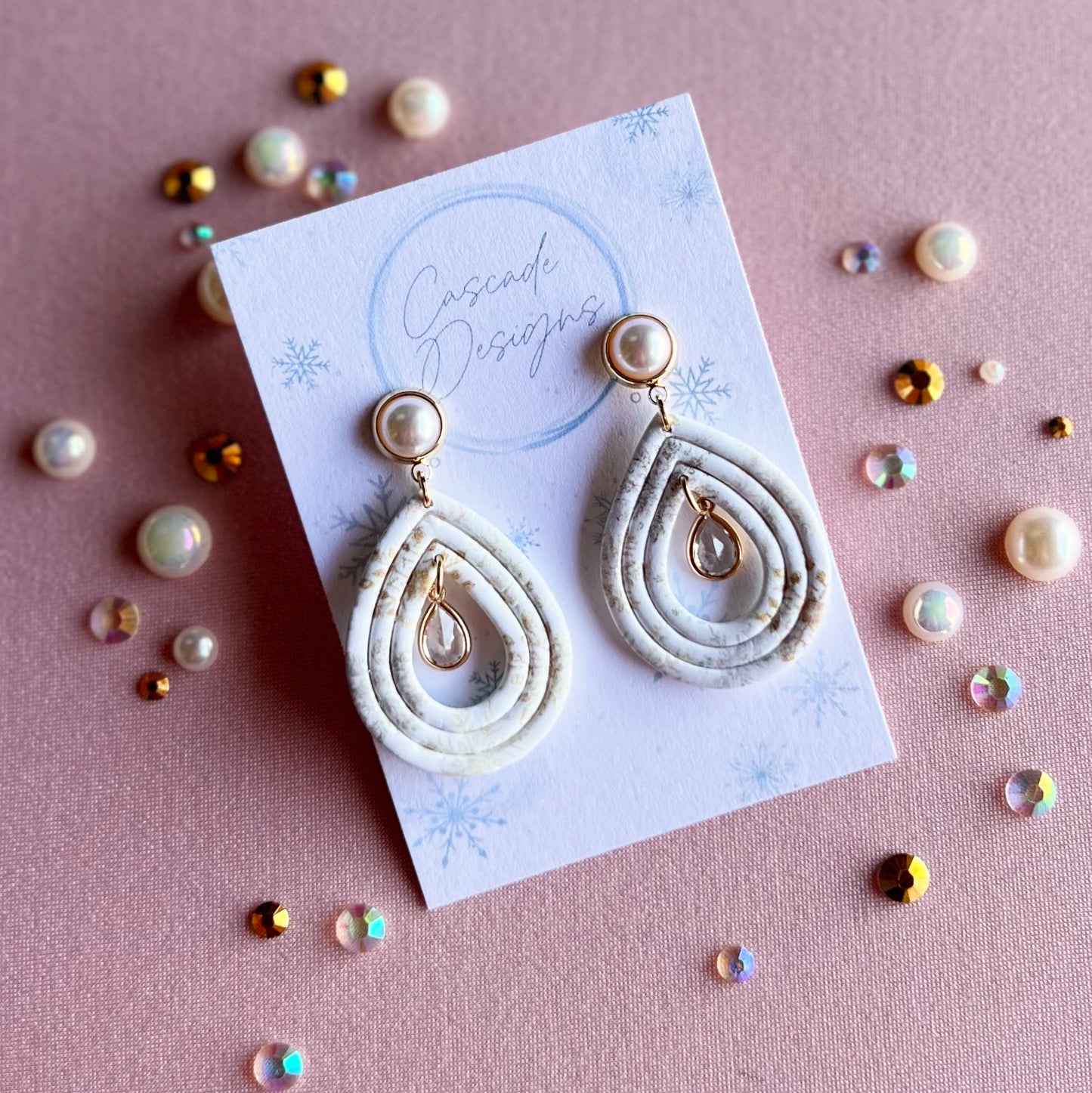 The Frost | Snowflake Patterned Gem Teardrop Clay Earrings