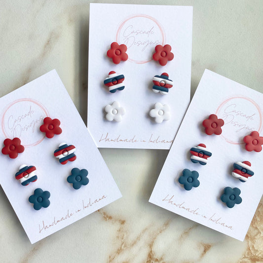 The April Patriotic | Mini Flower Clay Earring Studs - Set of 3