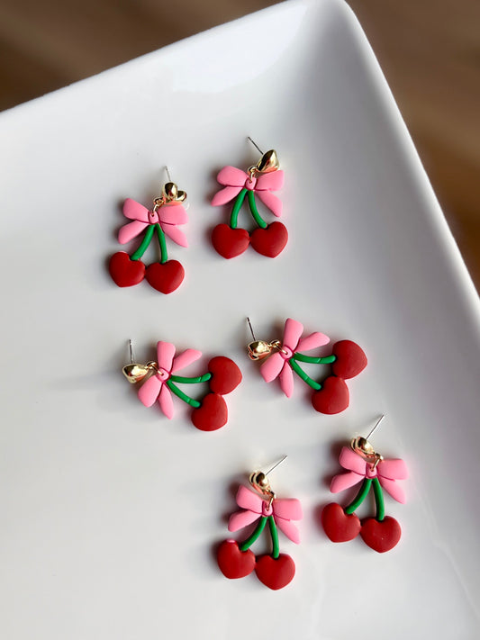 The Cherri | Cherry Bow Clay Earrings
