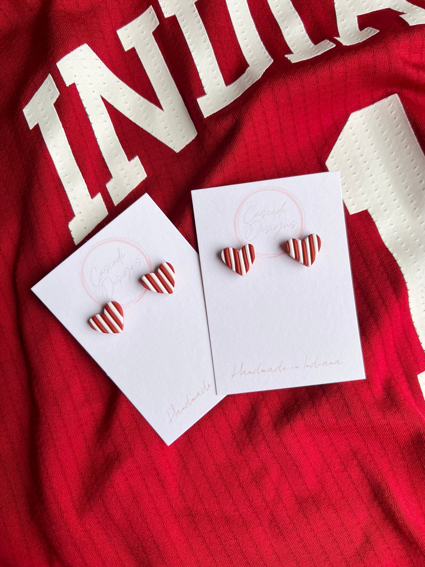 The Hoosier Heart | Red and White Striped Heart Clay Earring Studs