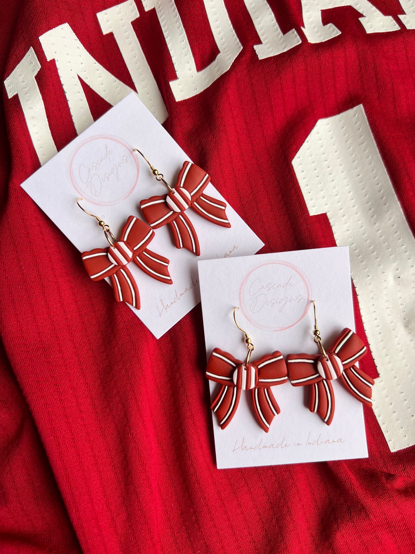 The Hoosier Bow | Red and White Bow Clay Earrings