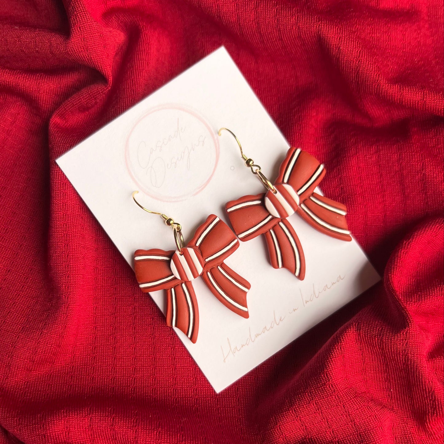 The Hoosier Bow | Red and White Bow Clay Earrings