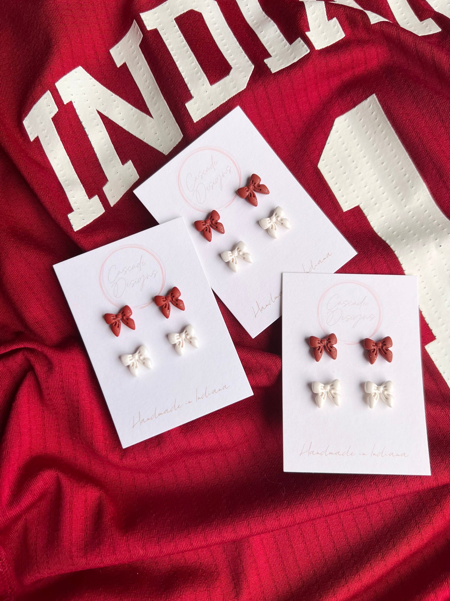 The Hoosier Bow Stud Set | Red and White Bow Clay Earring Studs - Set of 2