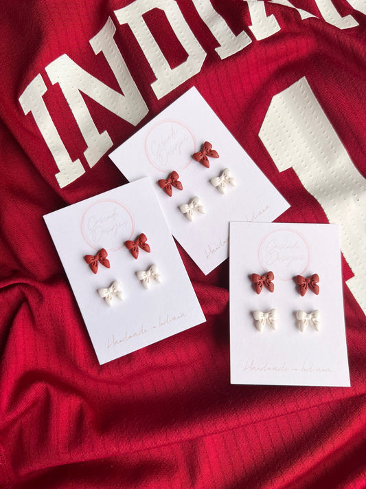 The Hoosier Bow Stud Set | Red and White Bow Clay Earring Studs - Set of 2