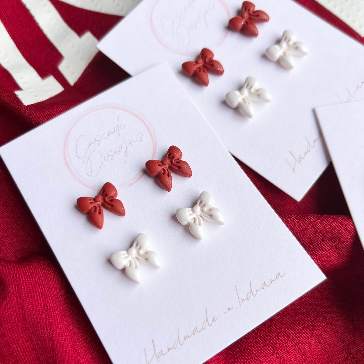 The Hoosier Bow Stud Set | Red and White Bow Clay Earring Studs - Set of 2