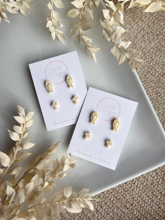 The Ichthys | Mini Fish and Cross Clay Earring Studs - Set of 2