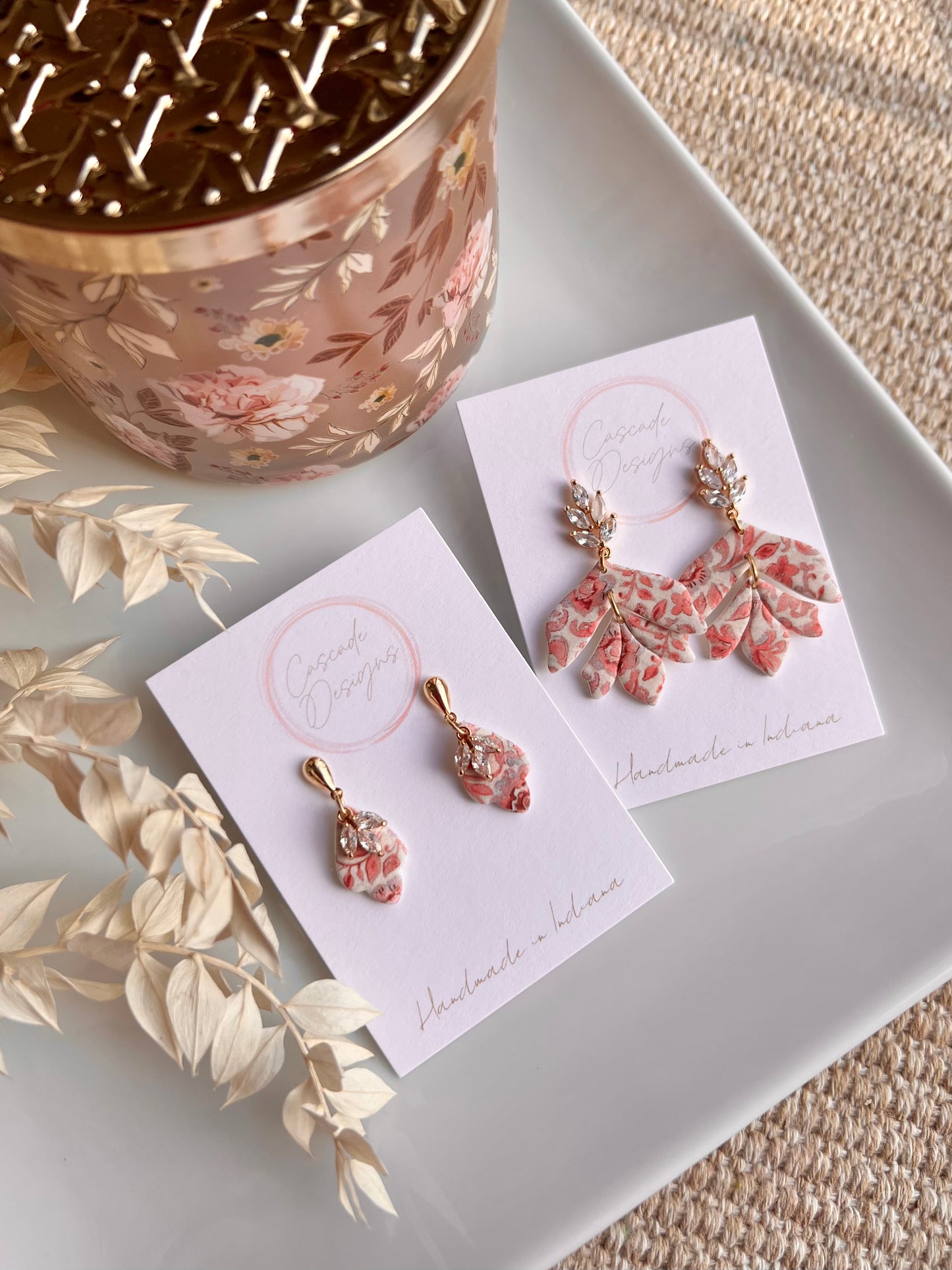 The Ophelia | Floral Patterned Crystal Drop Clay Earrings