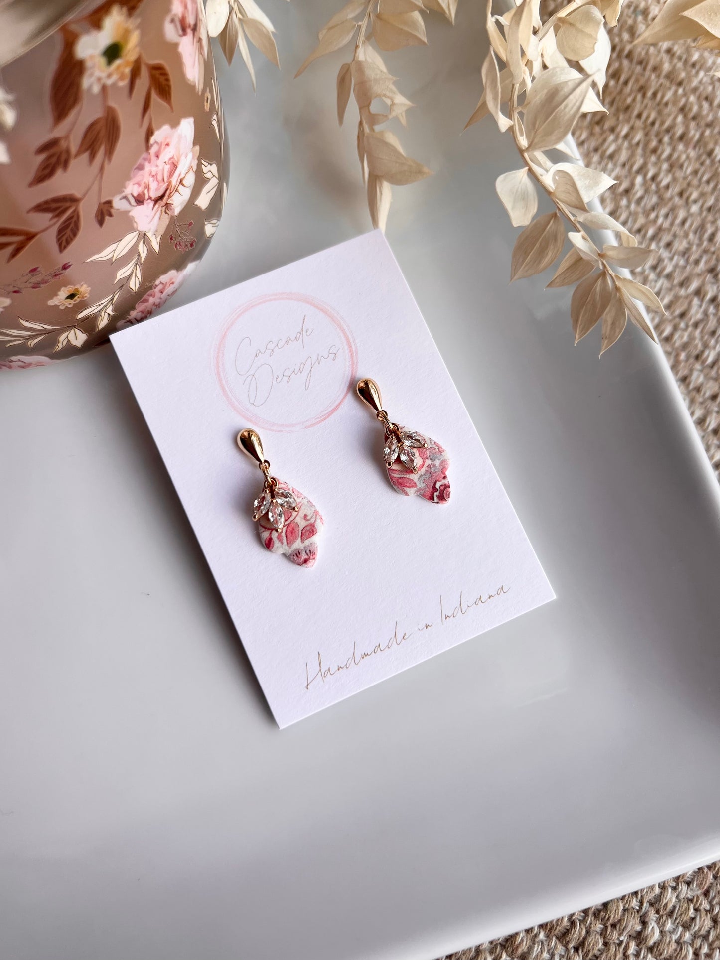 The Zinnia | Floral Patterned Crystal Drop Clay Earrings