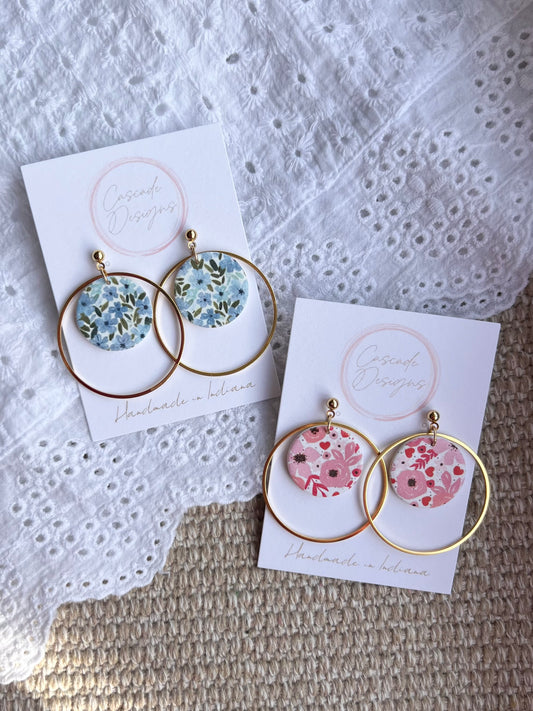 The Olivia | Floral Patterned Hoop Clay Earrings