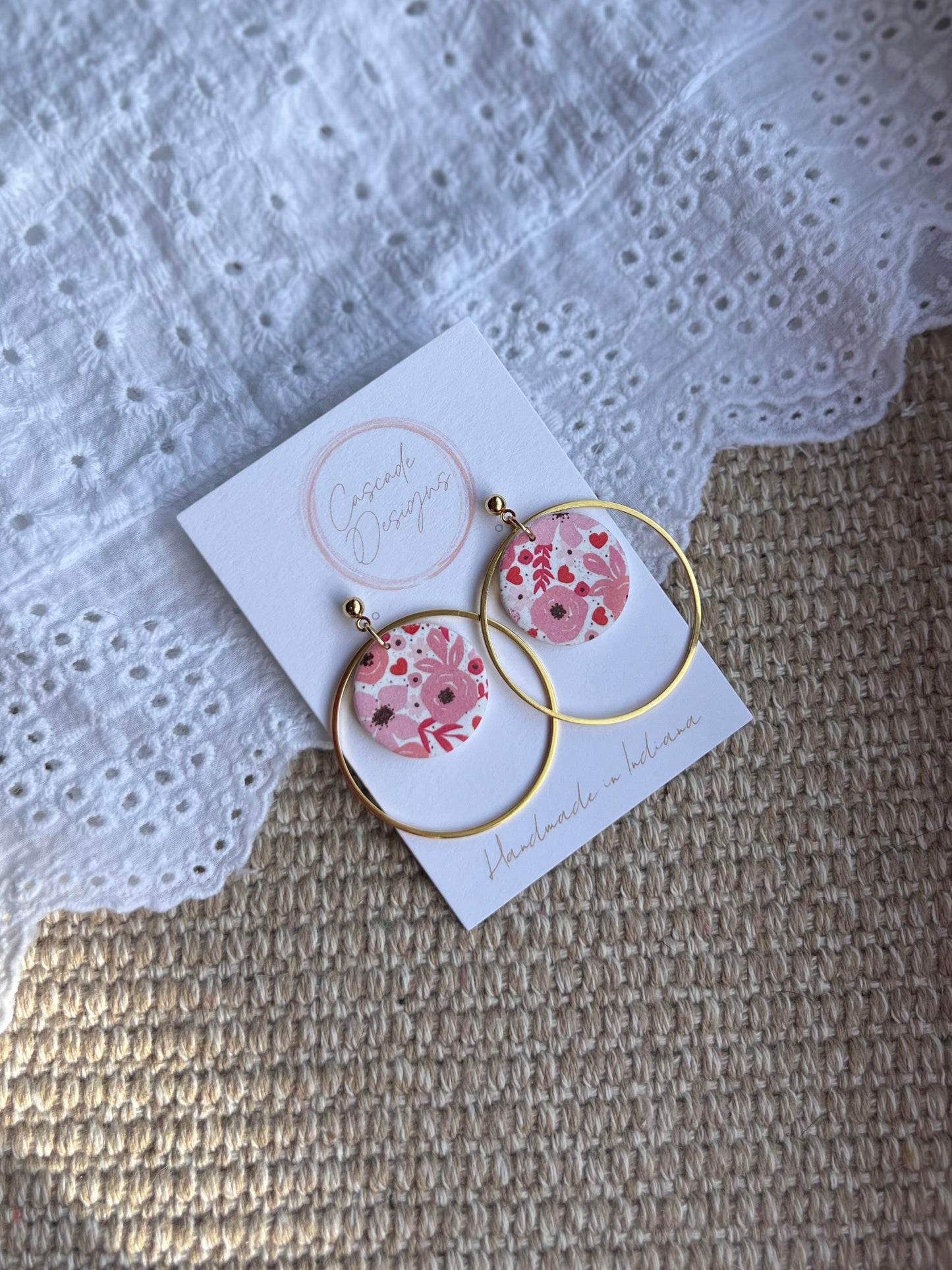 The Olivia | Floral Patterned Hoop Clay Earrings