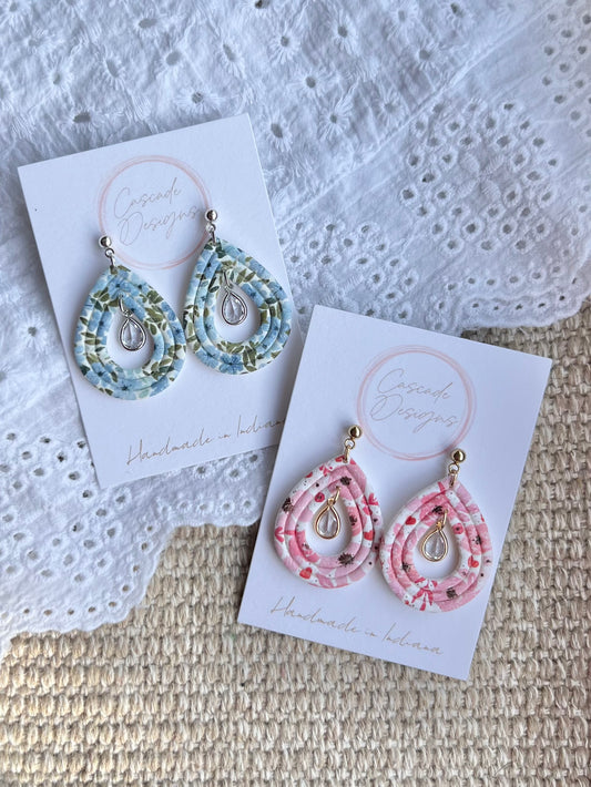 The Mia | Floral Patterned Crystal Drop Clay Earrings