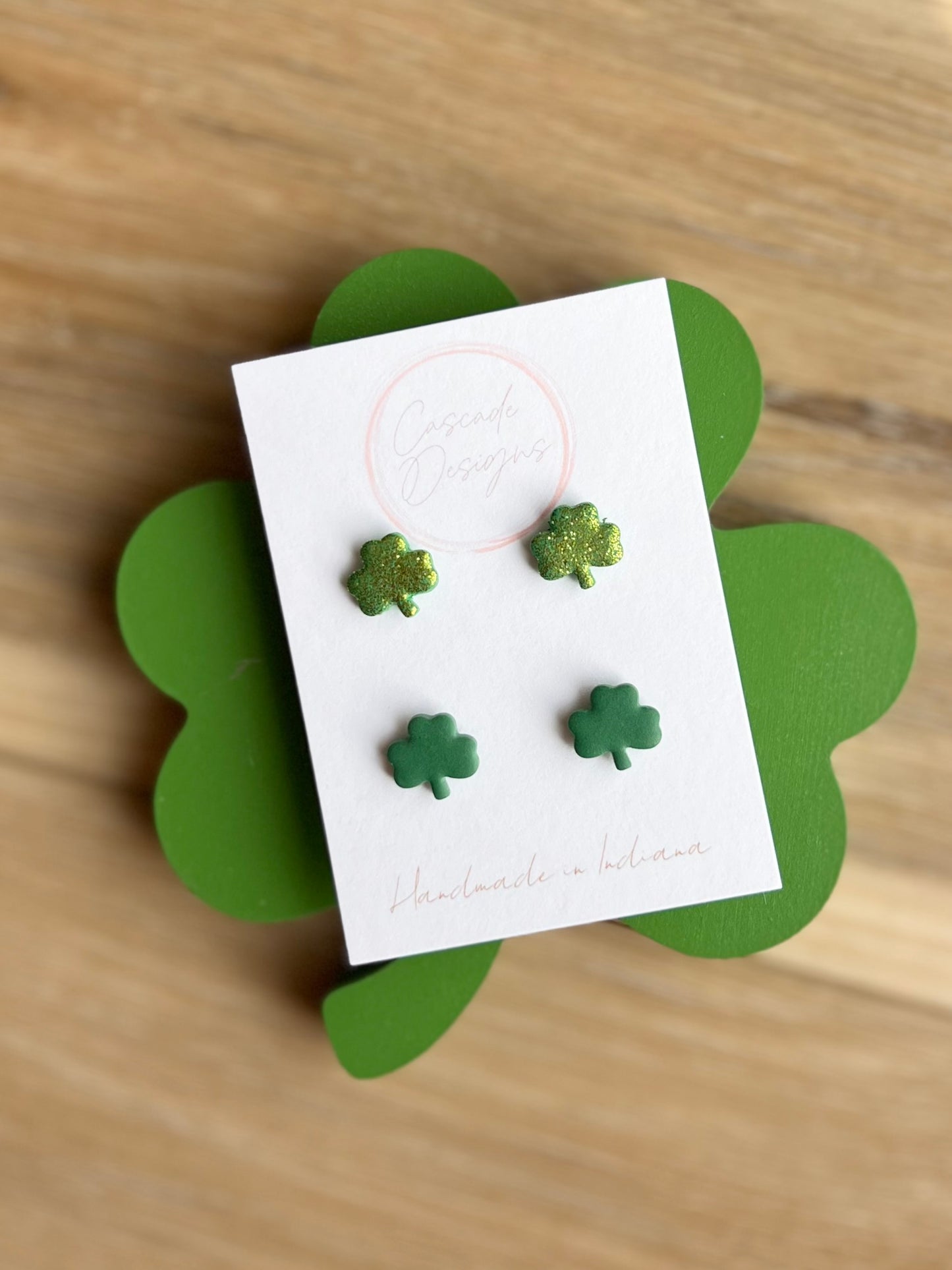 The Shamrock | Green and Sparkle Clover Clay Studs Earrings - Set of 2