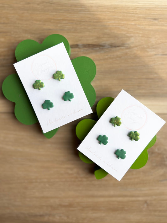 The Shamrock | Green and Sparkle Clover Clay Studs Earrings - Set of 2