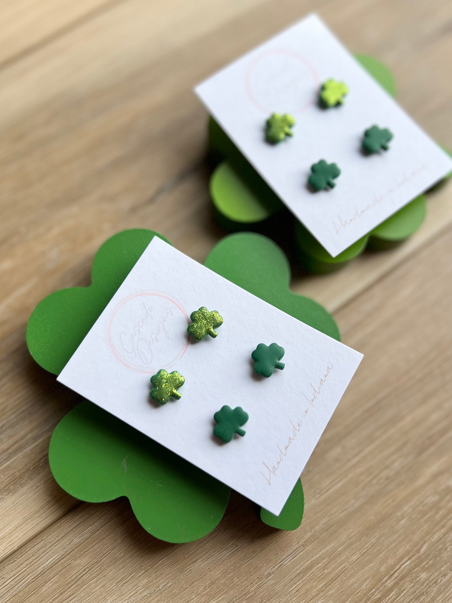 The Shamrock | Green and Sparkle Clover Clay Studs Earrings - Set of 2