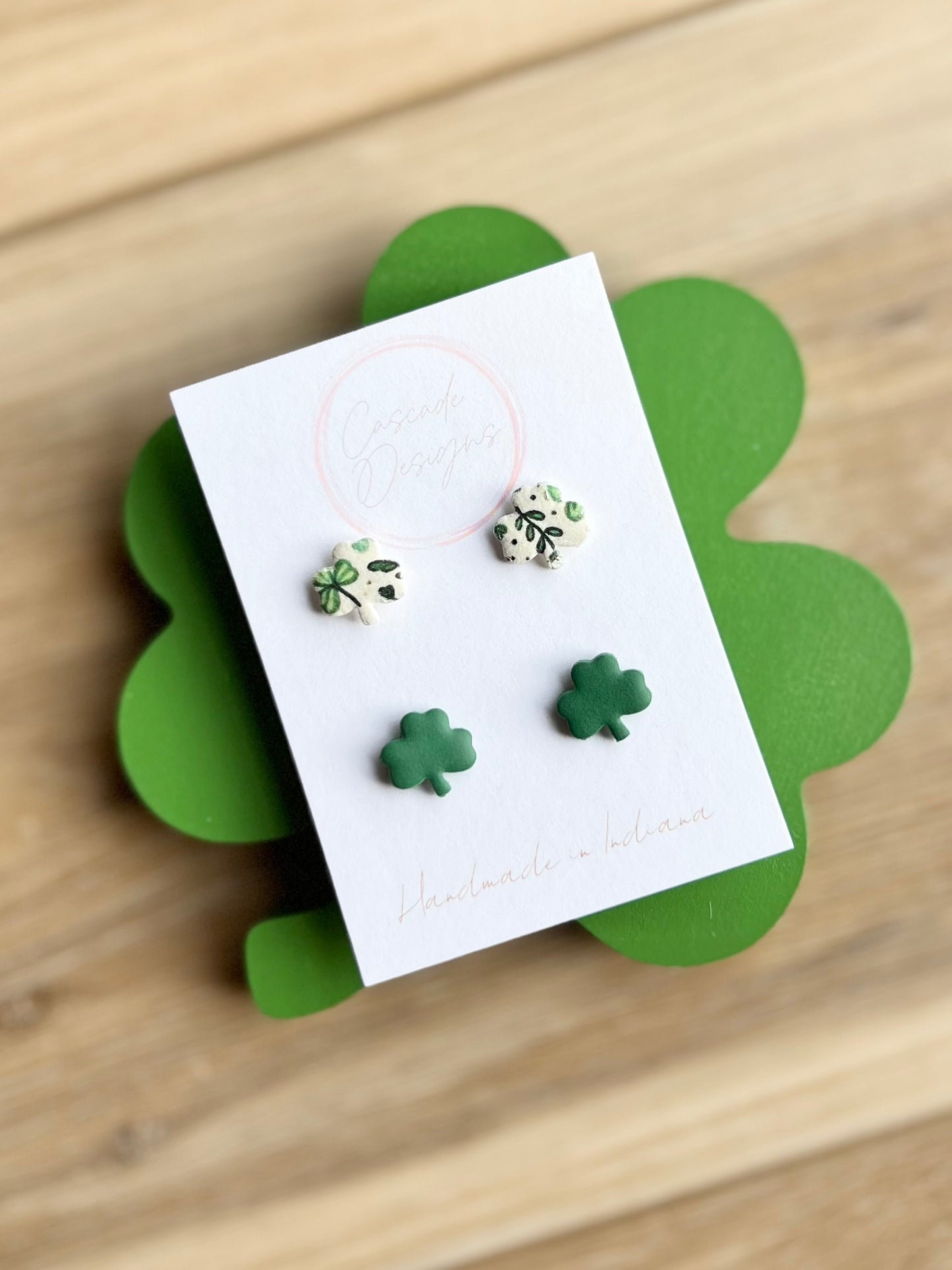 The Shamrock | Green and Sparkle Clover Clay Studs Earrings - Set of 2