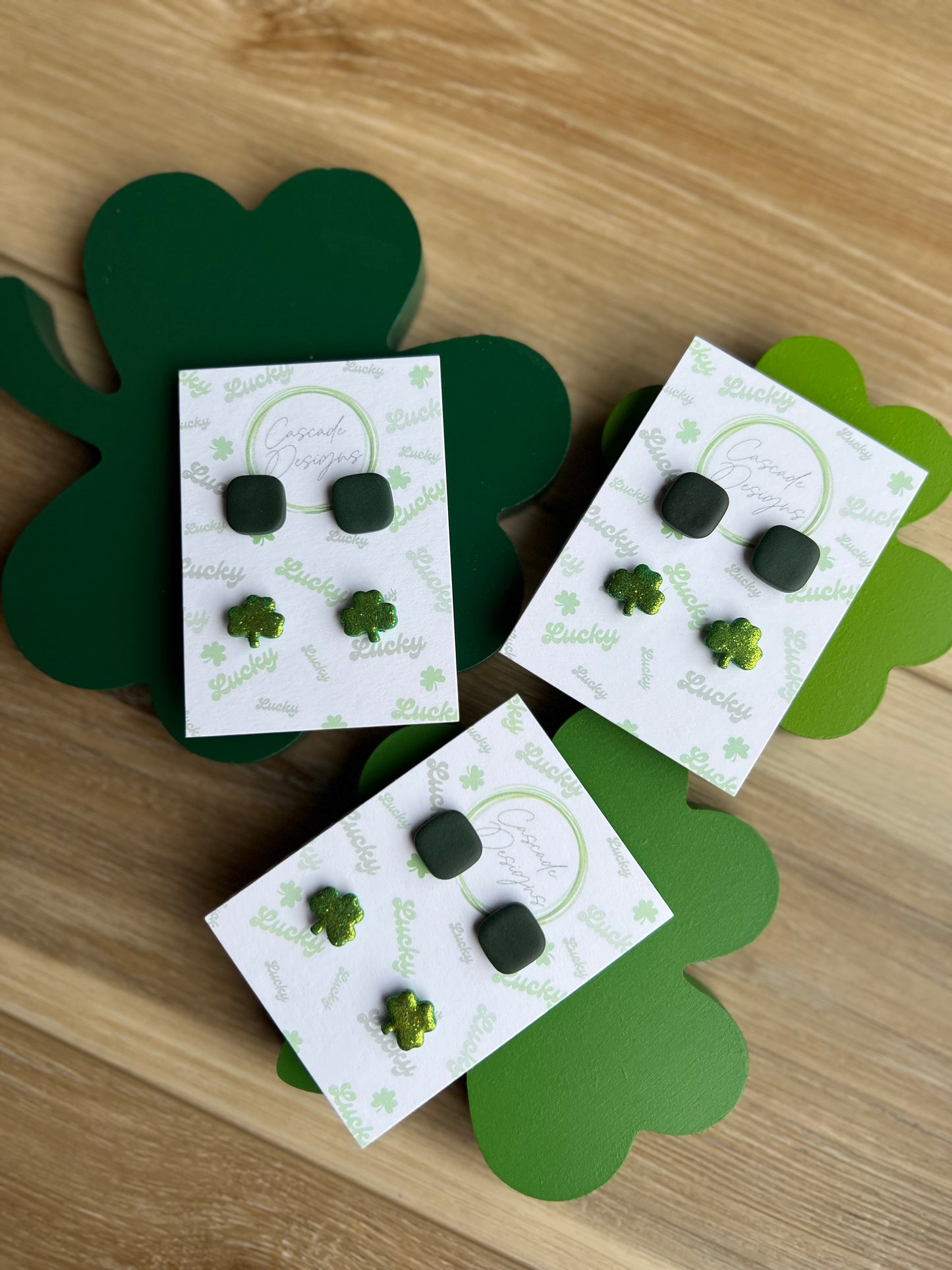 The Patti | Green Block and Sparkle Clover Clay Studs Earrings - Set of 2