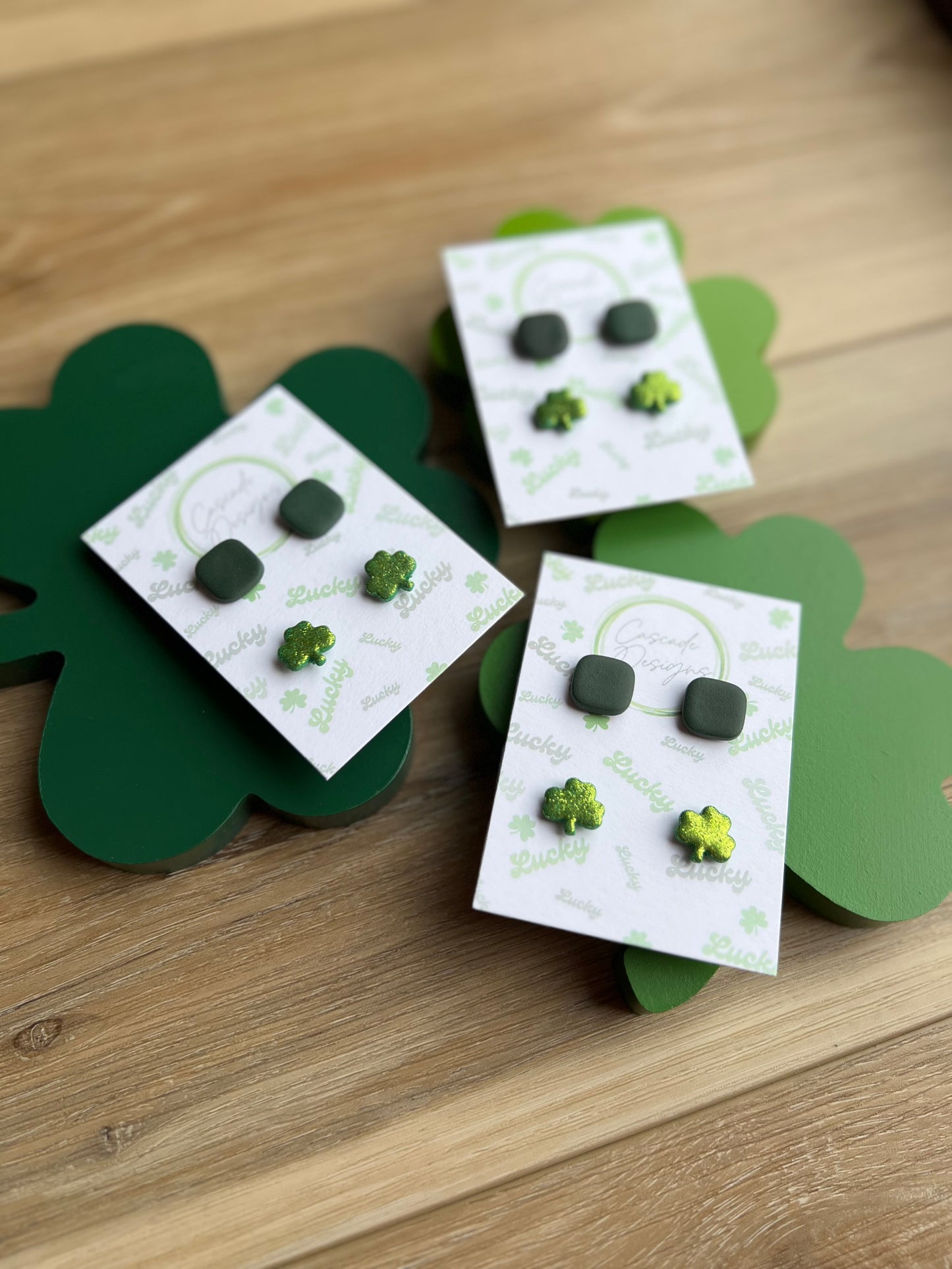 The Patti | Green Block and Sparkle Clover Clay Studs Earrings - Set of 2