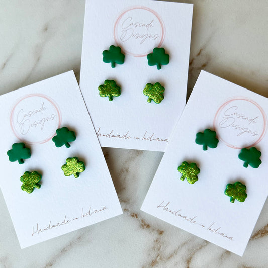 The Shamrock – Green and Green Sparkle Clover Clay Studs Earrings