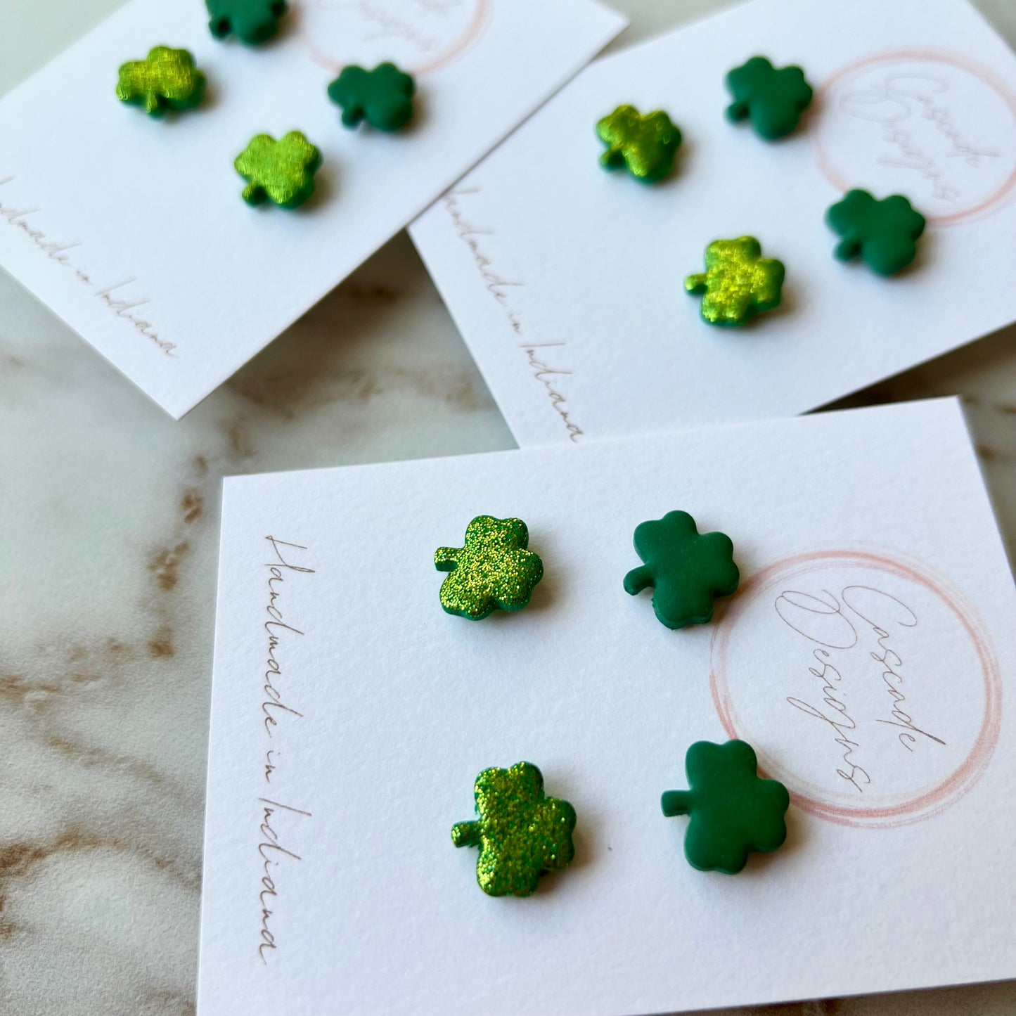 The Shamrock – Green and Green Sparkle Clover Clay Studs Earrings